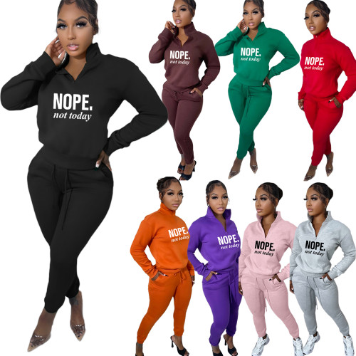 Casual Fleece Printed Letter High Neck Zipper Matching 2 Piece Jogger Sets For Women