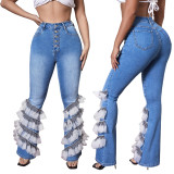 High Waist Button Fly Contrast Mesh Ruffle Trim Flare Leg Jeans