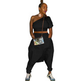 Solid Color Gathered Sloping Top Harem Pants Set with 2 Pockets