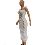 Women Summer 2022 Bandage Dress Halter Slit Lace Up Bodycon Evening Club Party Ruched Long Dress