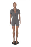 Solid Lapel Single-breasted Rib Skinny Rompers