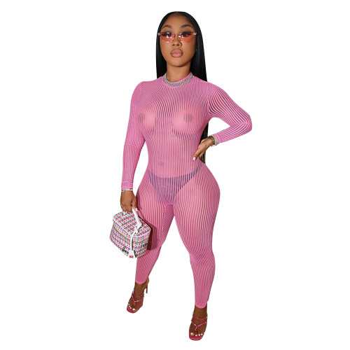 Autumn Sexy Pink Mesh See Through Long Sleeve Jumpsuit with Back Zipper