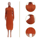 Solid Color Sweater Women High Neck Knit Long Dress without Belt