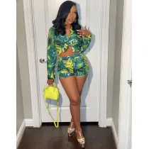 Women Printed Long Sleeve Cardigan Shirt Shorts Casual Set