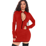 Solid Color Zipper Stitching Mini Dress