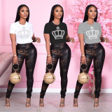 Casual Black O Neck Crown Hot Drill T-shirt Tops