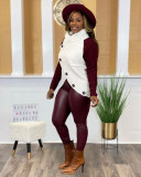 Patchwork Hem Pullover Turtle Button Asymmetric Cowl Neck Full Sleeve Long Sleeve Wrap Sweater