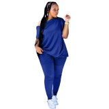 2022 Summer Loose Blue Slanted shoulder Breasted Shirring Two Pieces Sets