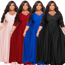 Women's Fashion Sexy Deep V-Neck Long Sleeve Glossy Dress Plus Size High Waist Hem Split Maxi Dress