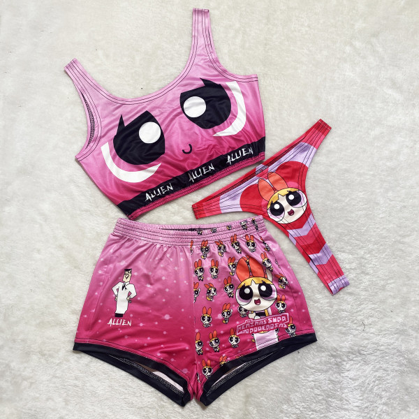 Sexy Gradient Graphic Print Vest Shorts Bikini Three Piece Set