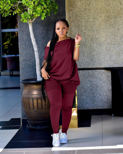 2022 Summer Loose Wine Red Slanted shoulder Breasted Shirring Two Pieces Sets