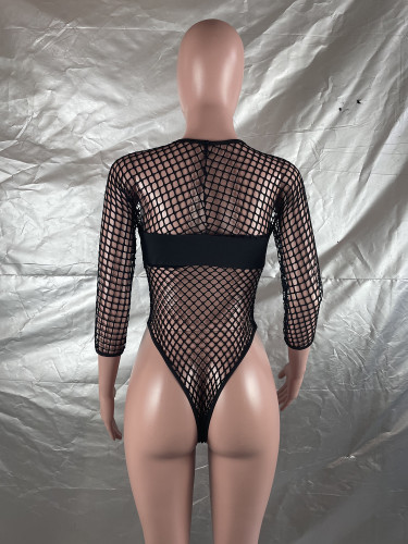 Sexy See Through Long Sleeve Stitching Mesh Rompers and Trousers