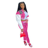 Rose Single-breasted Letters Printed Colorblock Jacket Sports Baseball Uniform Suit with Pockets