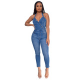 Casual Denim Slim Sleeveless Halter Jumpsuit