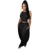 Black Casual Knitted Straps Backless Top & Pleated Harem Pants