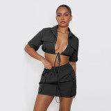 Solid Color Clothes Short Sleeve Crop Skirt Set Tooling Style