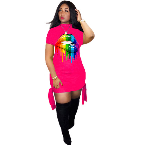 Digital Printed Colorful Cotton Lips Short Sleeve Club Dress