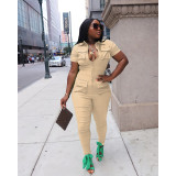 Solid Color Zipper Camouflage Short Sleeve One-piece Jumpsuits with Tooling Pocket