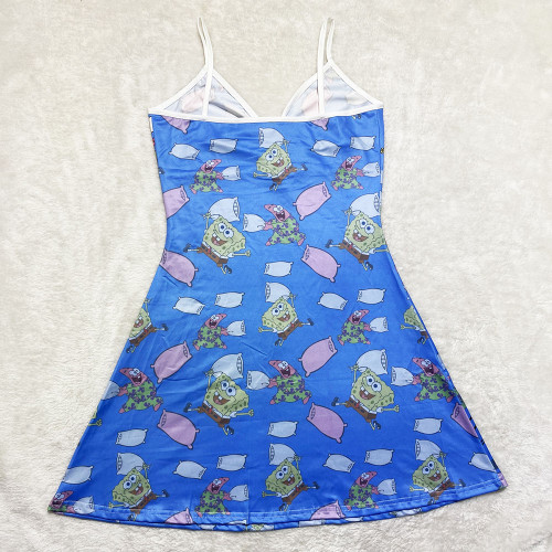 Sexy Loungewear Summer Cartoon Pattern Printed Spaghetti Strap Homewear Dress