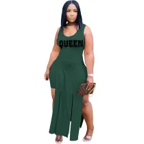 Solid Color Green Sleeveless Printed Two Piece Set Slit Long Dress and Shorts