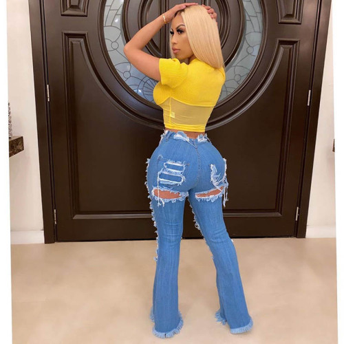 Casual Hole Burned Flared Denim Trousers
