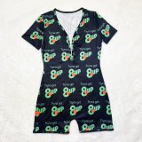 Casual Cartoon Printed Letters Home Short Jumpsuit