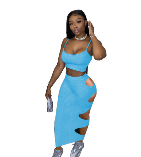 Solid Color Straps Crop Top and Holes Long Skirt