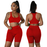 Red Solid Color Sports Long Sleeves Shawl Vest & Shorts 3 Piece Set