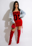 Fashion Solid Color Red Strapless Letter Print Tie Club Dress