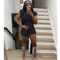 Black Solid Sleeveless Shoulder Pads Two Piece Shorts Sets