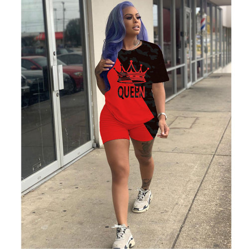 Casual Printed Tracksuit Women Short Sleeve Two Piece Outfits with Pockets