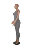 Solid Color Ribbed Sleeveless Square Neck Backless Tank Jumpsuit