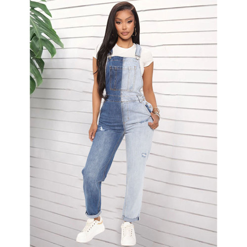 Two Faced Two Toned Overalls Casual Slim Fit Colorblock Jeans With Straps