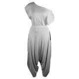 Grey Casual Solid Split Joint Fold Asymmetrical Cross-Shoulder Short Sleeve Two Pieces