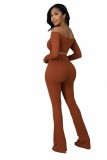 Spring Autumn Brown Ribbed Off Shoulder Cutout Top & Flared Pants Set