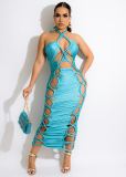 Women Summer 2022 Bandage Dress Halter Slit Lace Up Bodycon Evening Club Party Ruched Long Dress
