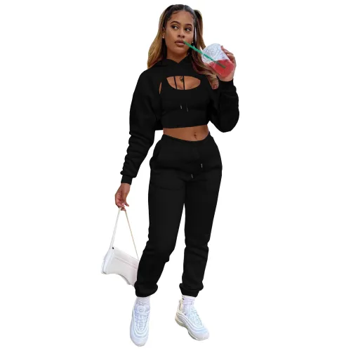 Black Cotton Fleece Drawstring Jogging Tracksuit Hollow Hoodie Blouse Pants Set and Vest