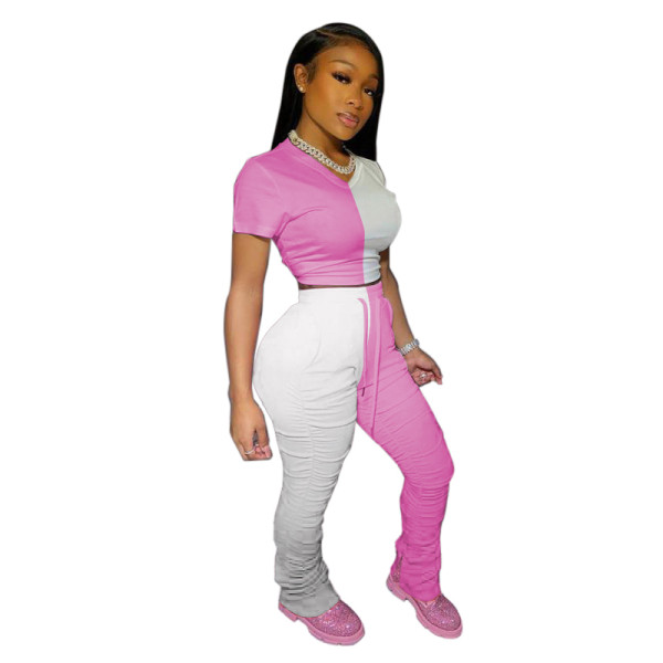 Color-block Crop Top & Pleated Split Micro-flare Stacked Pants