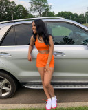 Solid Color Orange Ladies Vest Shorts Two Piece Set with Pockets