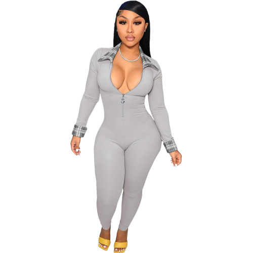 Grey Plaid Patchwork Zipper Up Long Sleeve Turn-down Neck Skinny Jumpsuit