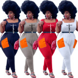 Fashion Letter Printed Wide Leg Casual Plus Size Tank Jumpsuit with Pocket