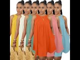 Orange Solid Color Sleeveless Crew Neck Pleated Cotton Mini Dress with Pocket
