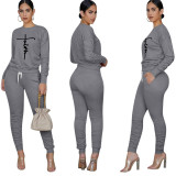 Casual Printed Long Sleeve Jogger Workout Pants Set with Pockets