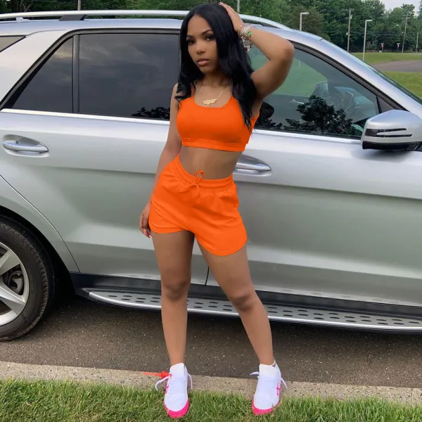 Solid Color Orange Ladies Vest Shorts Two Piece Set with Pockets