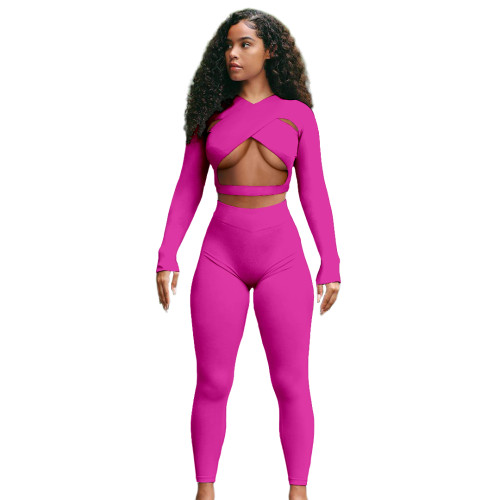 Sexy Cross Cutout Sports Two Piece Women Clothing Set with Hollow Out