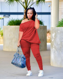2022 Summer Loose Red Slanted shoulder Breasted Shirring Two Pieces Sets