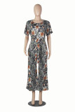 Short Sleeve Print Jumpsuit with Belt