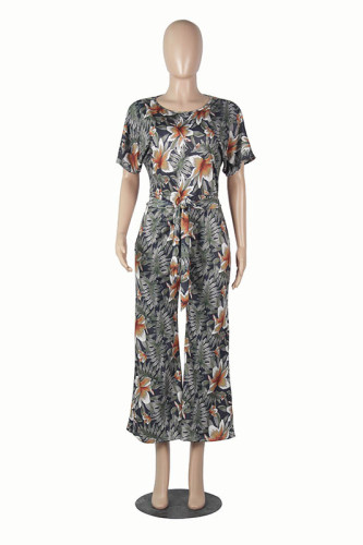 Short Sleeve Print Jumpsuit with Belt