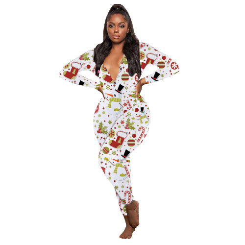 Casual Christmas Printed Long Sleeve Trousers Homewear Jumpsuit