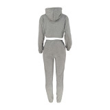 Light Gray Cotton Fleece Drawstring Jogging Tracksuit Hollow Hoodie Blouse Pants Set and Vest